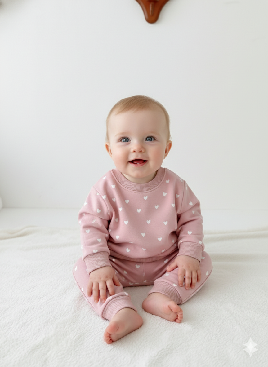 HAPPY FAMILY Baby Sweater, Baby sitting on a carpeted floor wearing a blush pink color sweater top and bottom with white heart patterns, surrounded by toys.