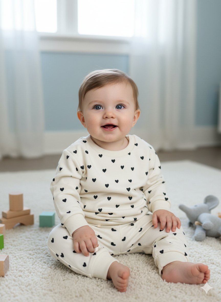 HAPPY FAMILY Baby Sweater, Baby sitting on a carpeted floor wearing a cream color sweater top and bottom with black heart patterns, surrounded by toys.