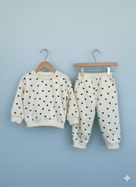 HAPPY FAMILY Baby Sweater, two pieces are on hanger, light blue background, front view, vivid and playful mode