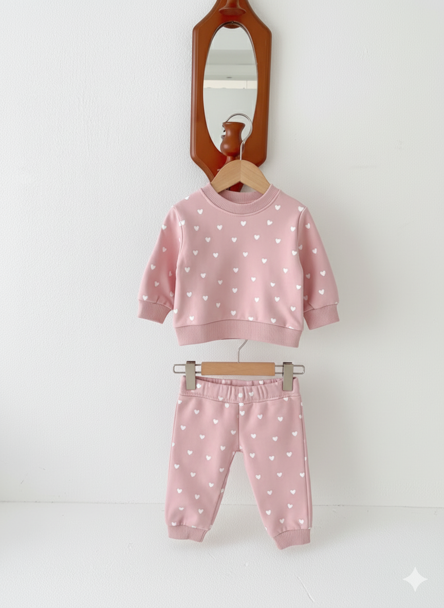 HAPPY FAMILY Baby Sweater, two pieces are on hanger, light blue background, front view, vivid and playful mode
